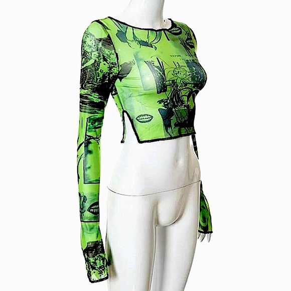 Green mesh fangs long flare sleeve crop top - Picture 13 of 14